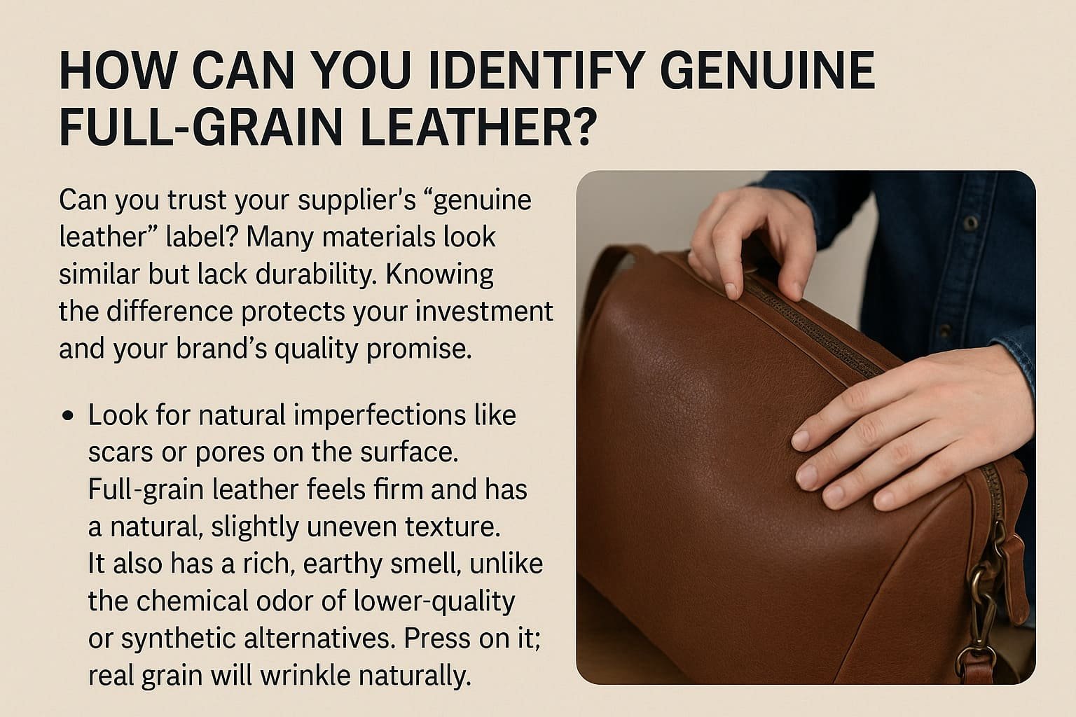 A person inspecting the surface of a full-grain leather bag