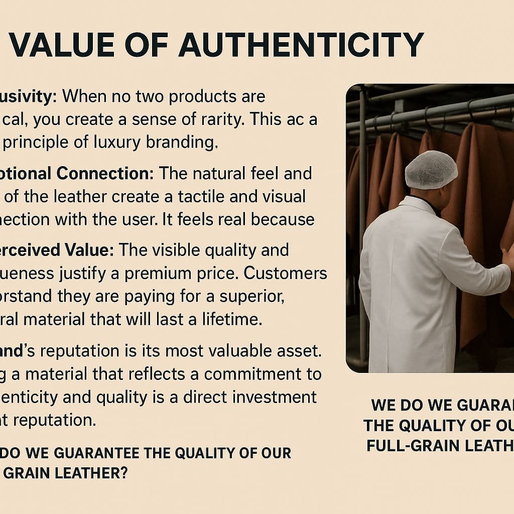 A quality control expert inspecting leather hides in a factory