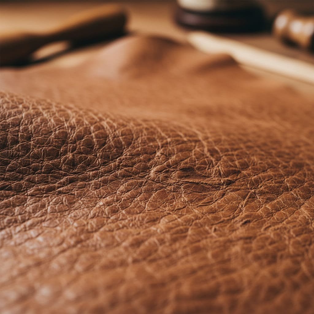 A close-up view of the natural texture of full-grain leather